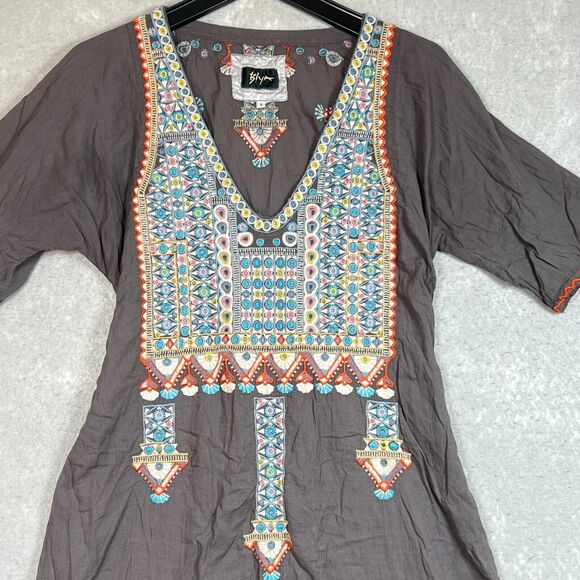 Johnny Was Biya Dress Womens Small Gray Mini Belted Peasant Hippie Embroidered - Picture 2 of 10